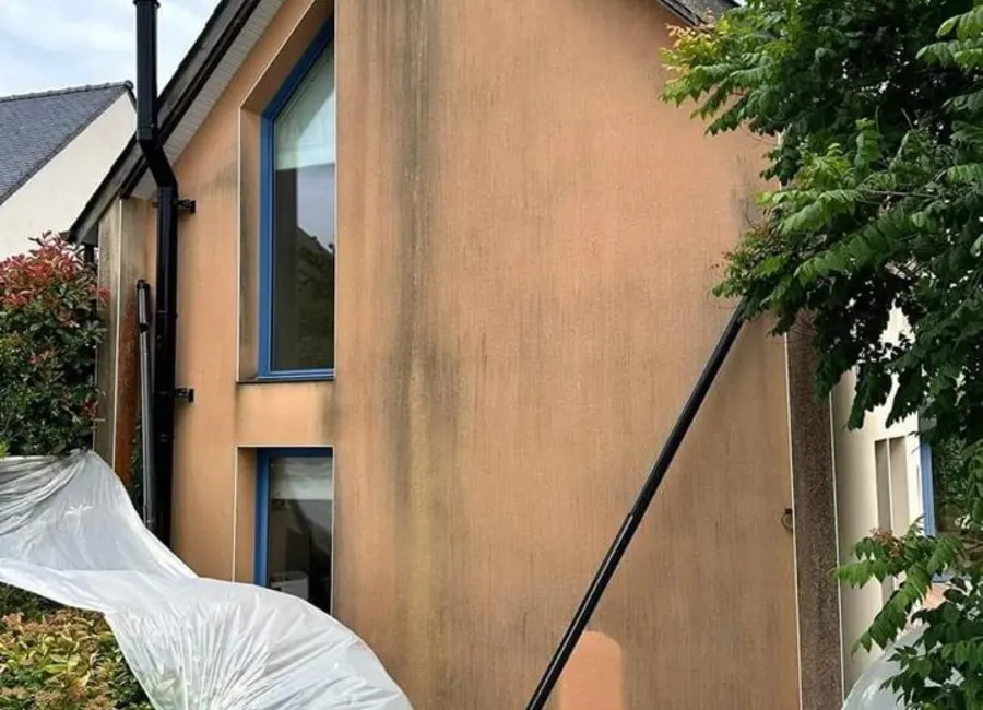 Nettoyage d'une façade encrassée à la perche, végétaux protégés par des bâches