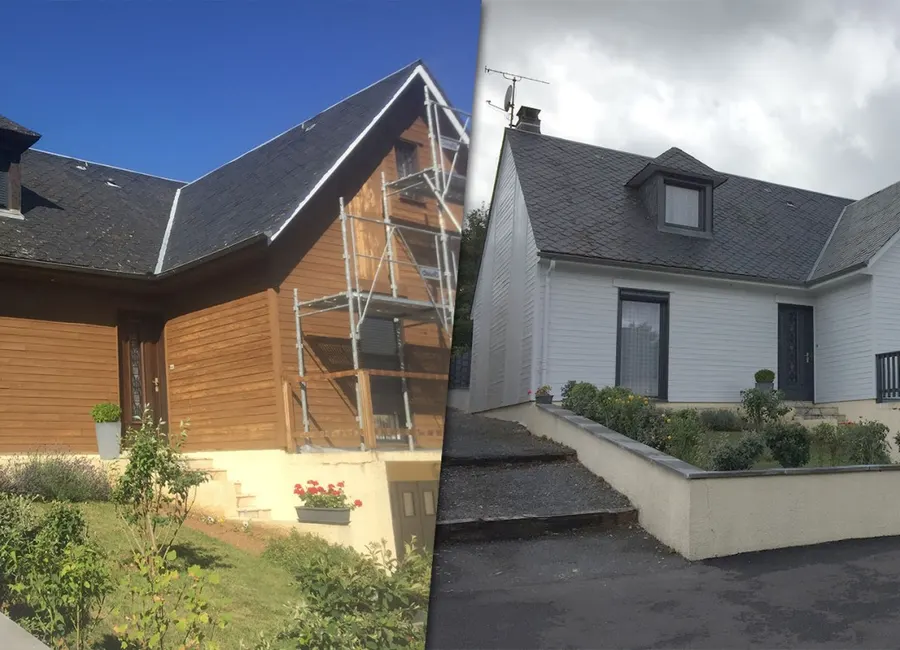 Chantier échafaudé : bardage repeint et toiture reprise par HF Renov