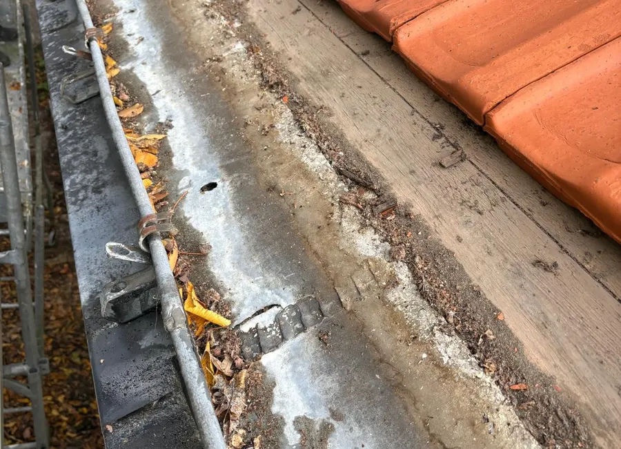 Ancienne gouttière en zinc encrassée de feuilles avant remplacement